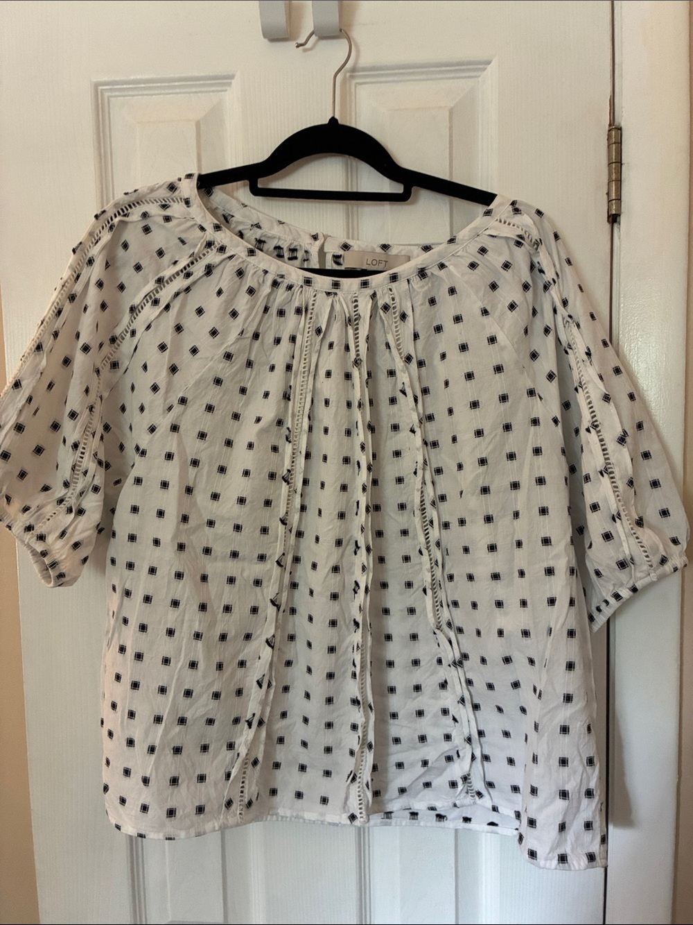 LOFT White Blouse with Black Square Print